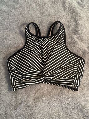 Kona Sol Striped Swim Bikini Top High Neckline Medium Black White